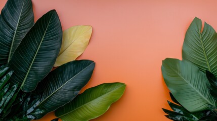 Obraz premium Tropical Leaves on Orange Background Exotic Foliage Summer Nature Plants