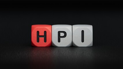 HPI the word is written on wooden cubes.close up of wooden elements,Business Concept.3D rendering on black background.