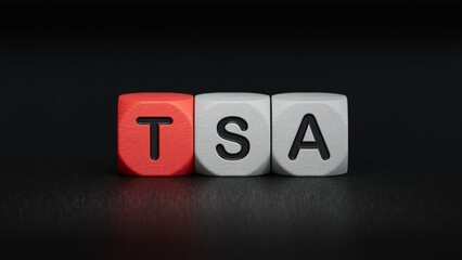 wood cube block with TSA, tax sheltered annuary text. Financial, Management, Economic.close up of wooden elements,Business Concept.3D rendering on black background.