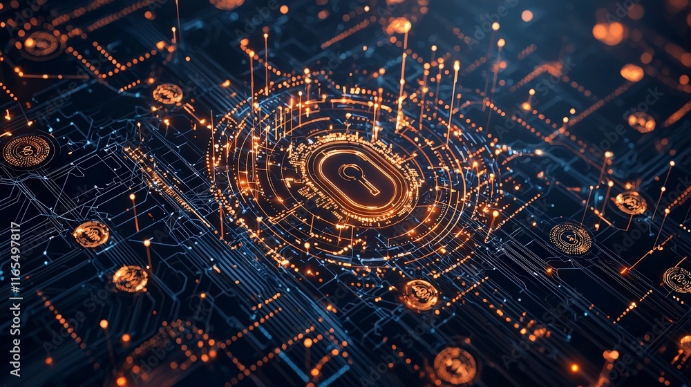 Poster abstract digital circuitry with glowing nodes and intricate patterns, representing technology and da