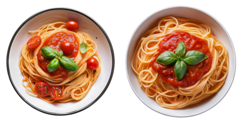Set of Two Bowls of Spaghetti with Tomato Sauce and Basil on transparent bg 