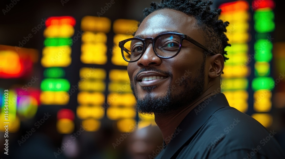 Poster smiling man in front of a colorful stock market display.