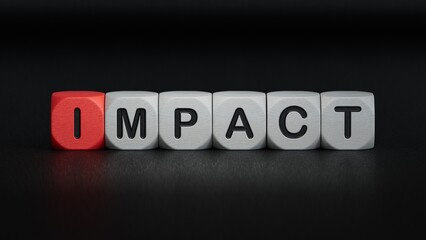 IMPACT Concept With Wooden Ruler.close up of wooden elements,Business Concept.3D rendering on black background.