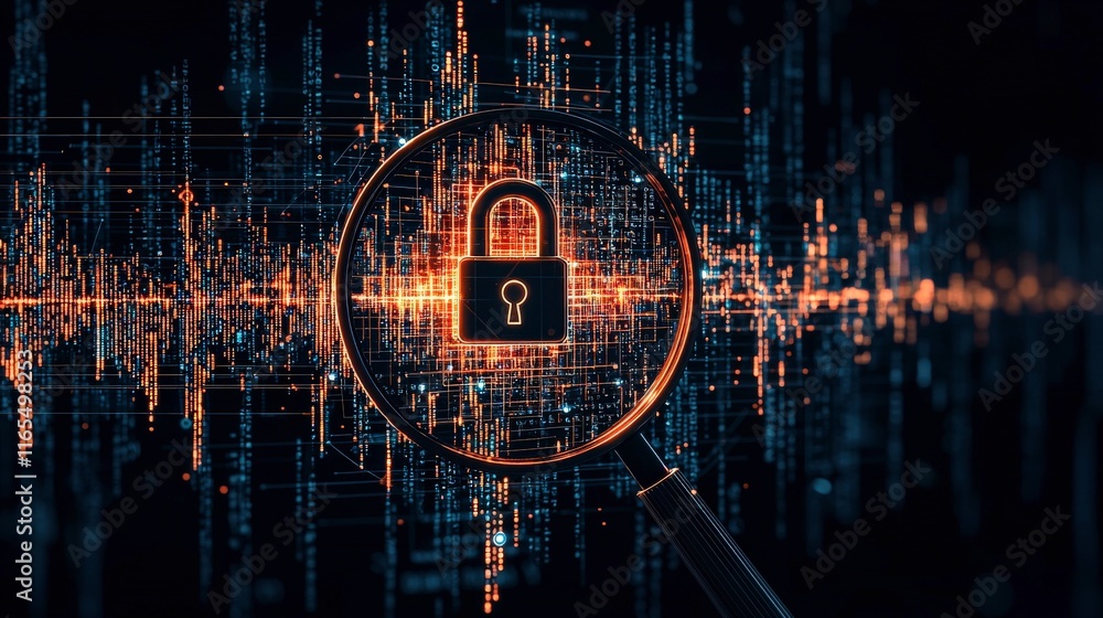 Aufkleber a magnifying glass highlights a digital lock on a backdrop of data streams, symbolizing cybersecurit