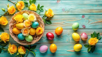 Obraz premium A Rustic Easter Display with Painted Eggs and Yellow Roses in a Wicker Basket on a Light Blue Wood Background