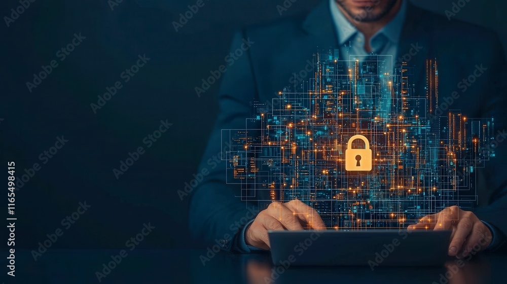 Aufkleber a businessman interacts with a digital interface featuring a padlock symbol, representing cybersecur