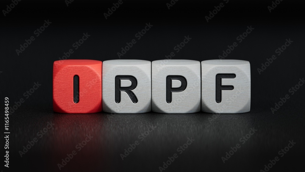 Poster irpf text on wooden block.close up of wooden elements,business concept.3d rendering on black backgro
