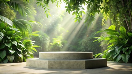 A Two Tiered Stone Pedestal Surrounded by Lush Greenery, Bathed in the Soft Light of the Morning Sun