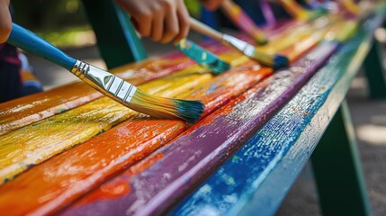 Fototapeta premium Colorful Painting Session by Teens on Benches with Vibrant Shades in Outdoor Community Space