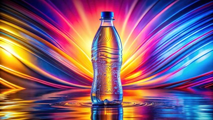 A plastic water bottle with condensation stands on a colorful, reflective surface. The background is a vibrant abstract swirl of blue, pink, and yellow.
