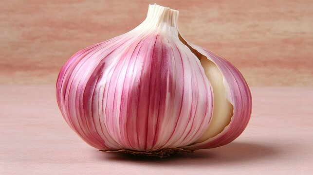 A single bulb of pink garlic partially opened