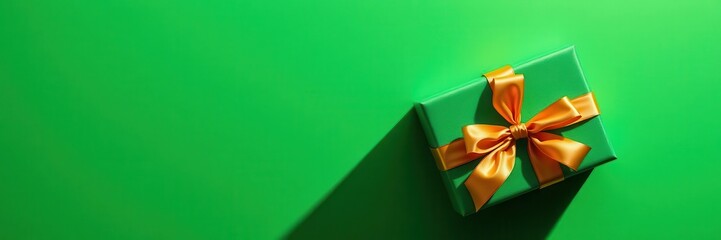 Open gift box with gold ribbon and bow on green background with shadow, green, present, gold