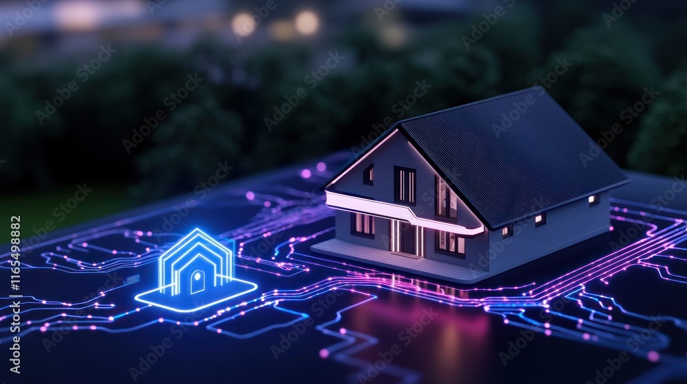 Poster digital representation of a smart home with circuit patterns.