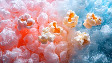 Popcorn kernels floating in pink and blue liquid.