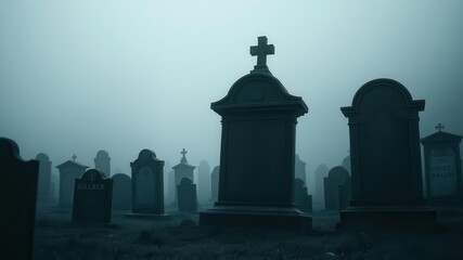 Obraz premium A mysterious gravestone stands tall in a foggy cemetery with eerie atmosphere, misty, aged, eerie