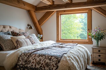 Cozy, rustic cottage bedroom filled with soft natural light streaming through a large window, featuring wooden beams, a plush bed with patterned blankets, and a vase of wildflowers on the nightstand.