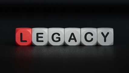 legacy word concept. wooden cubes.close up of wooden elements,Business Concept.3D rendering on black background.