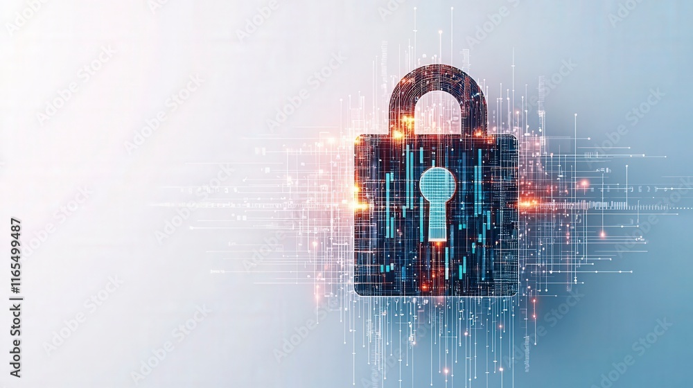 Poster digital padlock with glowing effects, symbolizing cybersecurity and data protection in a modern tech