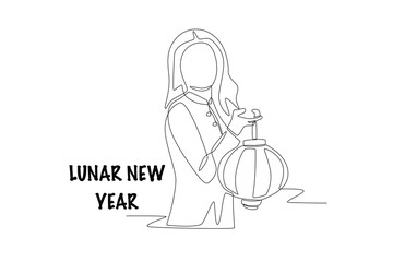 Woman holding a lantern. Lunar new year concept one-line drawing