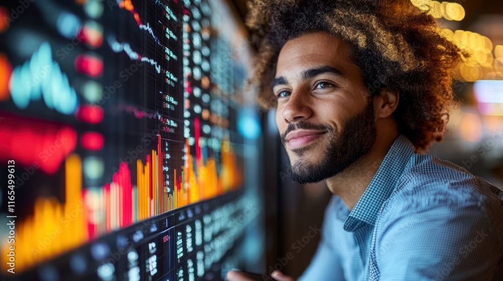 Poster man analyzing stock market data on a digital screen.