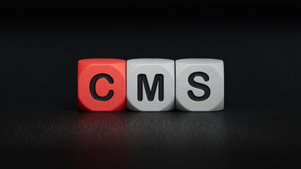 Lettering cms on wooden cubes.close up of wooden elements,Business Concept.3D rendering on black background.