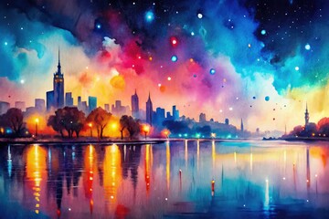 Obraz premium Abstract Night Watercolor Painting, Blurry Photography, Colorful AI Art