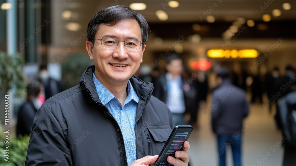 Poster man smiling while holding a smartphone in a busy setting.