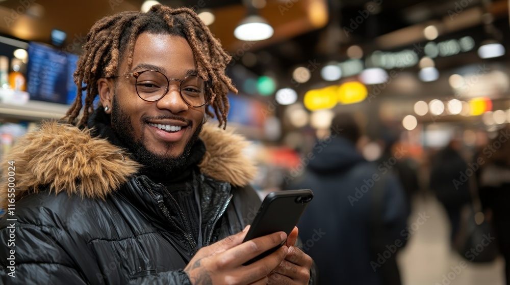 Poster smiling man using a smartphone in a busy setting.
