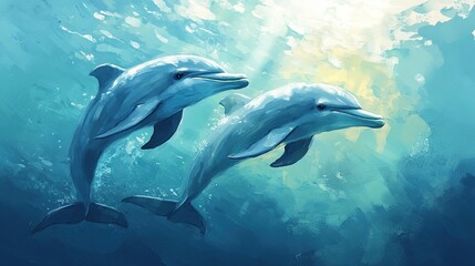 Naklejka premium A pair of dolphins swimming side by side in the ocean, the sunlight shimmering through the water.