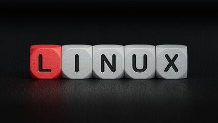 LINUX - word on wooden cubes.close up of wooden elements,Business Concept.3D rendering on black background.