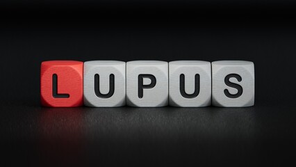 LUPUS word made with building blocks.close up of wooden elements,Business Concept.3D rendering on black background. 