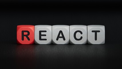 text react javascript library.close up of wooden elements,Business Concept.3D rendering on black background.