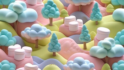 Surreal landscape of colorful marshmallow hills and whimsical trees creating a dreamlike environment full of playful shapes and soft textures