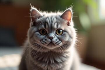 Fototapeta premium Portrait of an Adorable British Shorthair Kitten with Big Eyes and Fluffy Fur perfect for cat lovers