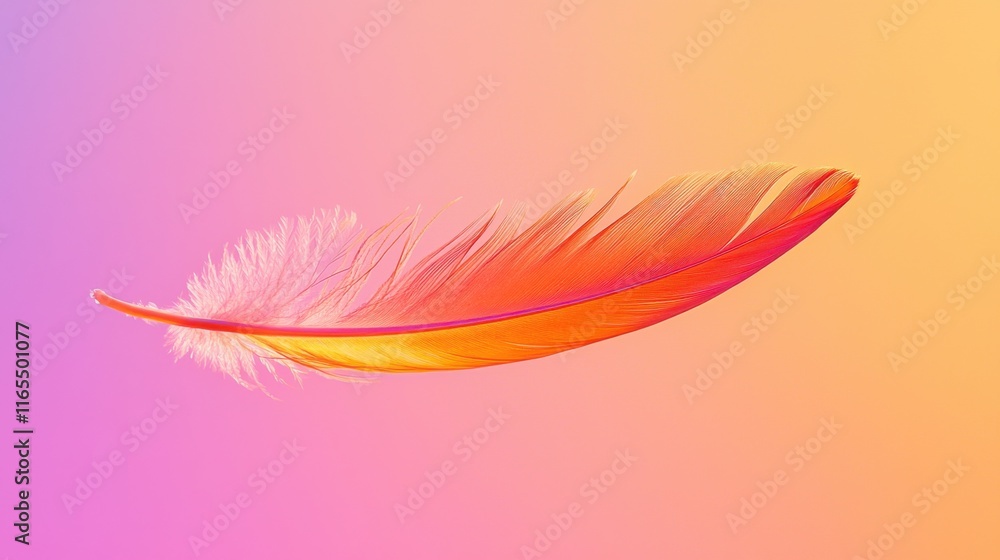 Poster single vibrant feather floating gracefully on soft gradient background with warm hues