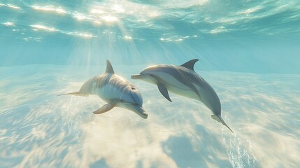 Fototapeta premium A pair of dolphins swimming together in crystal-clear water, their bodies slicing through the ocean with grace