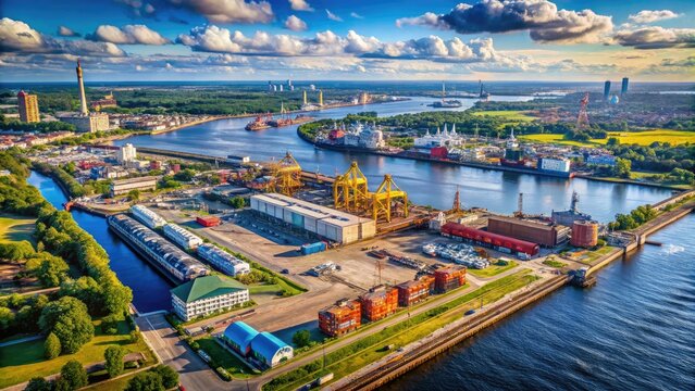Aerial Drone Shot Industrial Riga Free Port Baltic Sea Coast