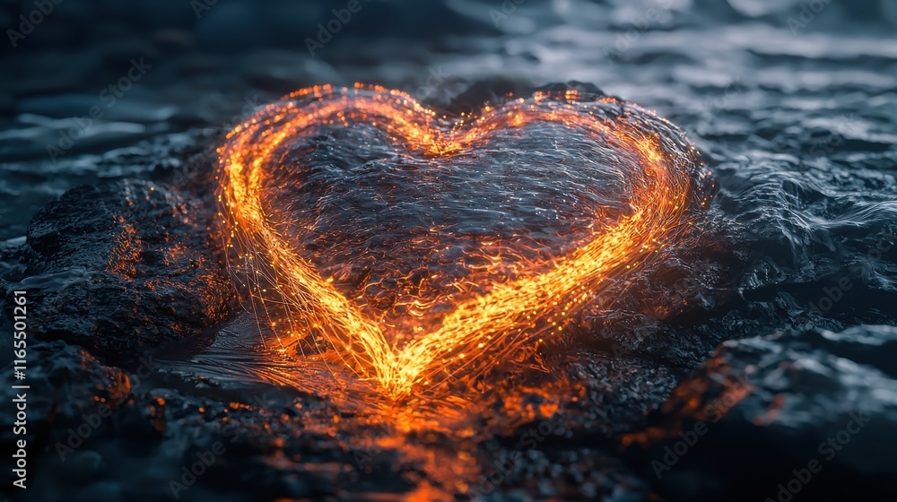 Poster glowing heart shape formed by subtle threads of light in a serene natural setting