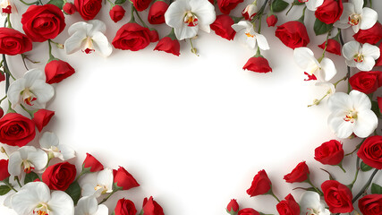 A Valentine&rsquo;s frame featuring a garland of red roses and white orchids, isolated on white