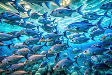 Aerial View Blue Fish School Ocean Underwater