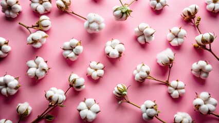 A delicate arrangement of cotton blossoms on a soft pink background, showcasing the fluffy texture and subtle beauty of nature's simplicity