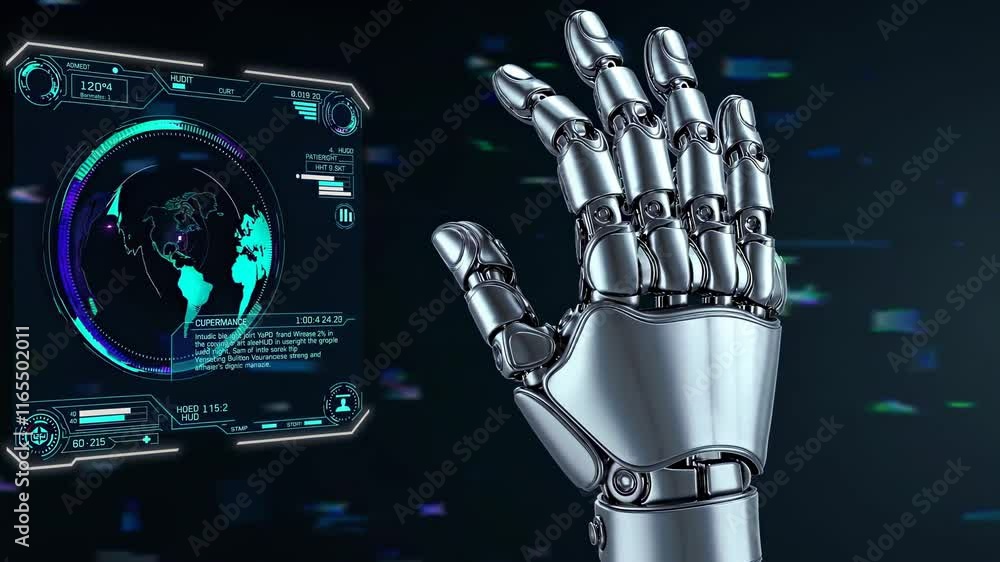 Poster robotic hand interacts with holographic interface showcasing advanced technology and global data ana
