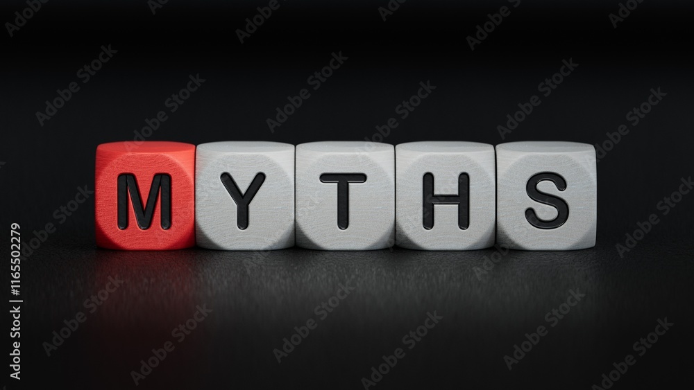 Poster myths word made with building blocks. a row of wooden cubes with a word.close up of wooden elements,