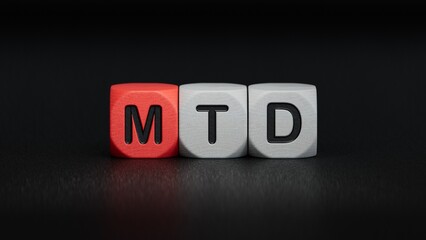 mtd concept on wooden cubes.close up of wooden elements,Business Concept.3D rendering on black background.