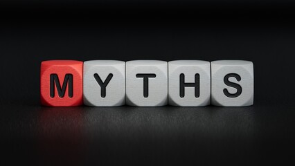 MYTHS word made with building blocks. A row of wooden cubes with a word.close up of wooden elements,Business Concept.3D rendering on black background.