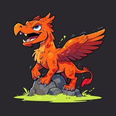 Naklejka premium A fiery griffon perched majestically on a rock, its wings spread wide, showcasing vibrant orange and red hues against a dark backdrop.