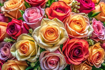 Fototapeta premium Aerial View Roses Bouquet, Stunning Floral Photography, High-Angle Bouquet