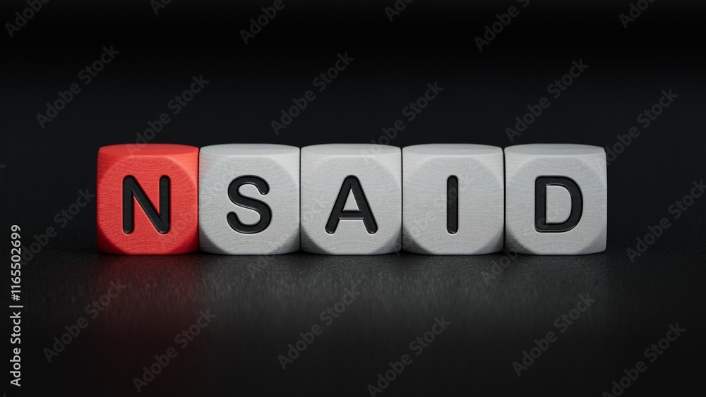 Poster nsaid word made with building blocks.close up of wooden elements,business concept.3d rendering on bl