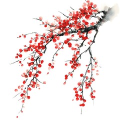 Watercolor painting of a branch with red berries, a minimalist botanical illustration perfect for design projects.