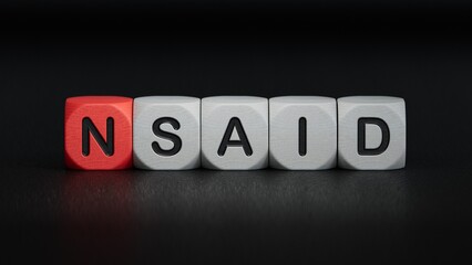 nsaid word made with building blocks.close up of wooden elements,Business Concept.3D rendering on black background. 